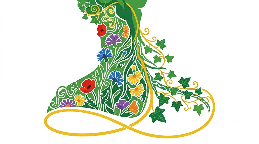A flat folk-art vector illustration of the vagus nerve filled with cornflowers, daisies and ivy like a stained glass panel on a white background.