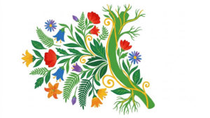 A flat folk-art vector illustration of a human vagus nerve set among stylised flowers and curling vines on a white background.