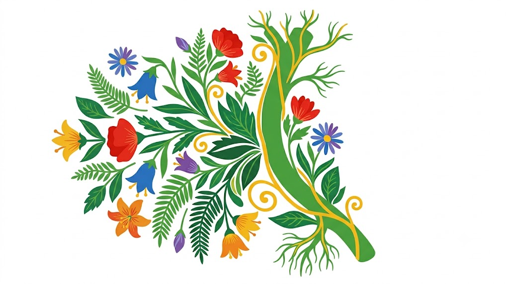 A flat folk-art vector illustration of a human vagus nerve set among stylised flowers and curling vines on a white background.