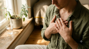 A person breathing out slowly with both palms pressed flat over their sternum by a windowsill in early morning sun.