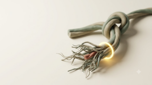 Clay sculpture of a knotted sage-green cord fraying apart at one end, with a glowing golden ring at the break.