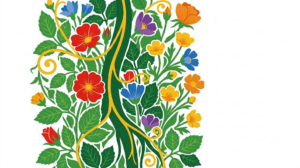 A flat folk-art vector silhouette of the vagus nerve with wild roses and buttercups behind it.