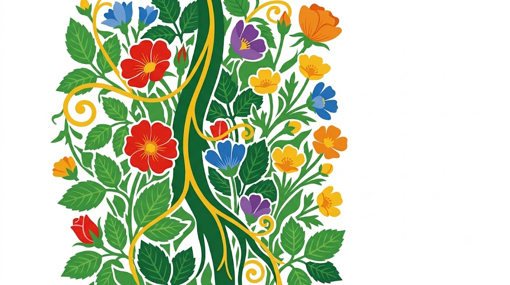 A flat folk-art vector silhouette of the vagus nerve with wild roses and buttercups behind it.
