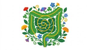 A flat folk-art vector illustration of a coiled human intestine framed by stylised flowers and leaves on a white background.