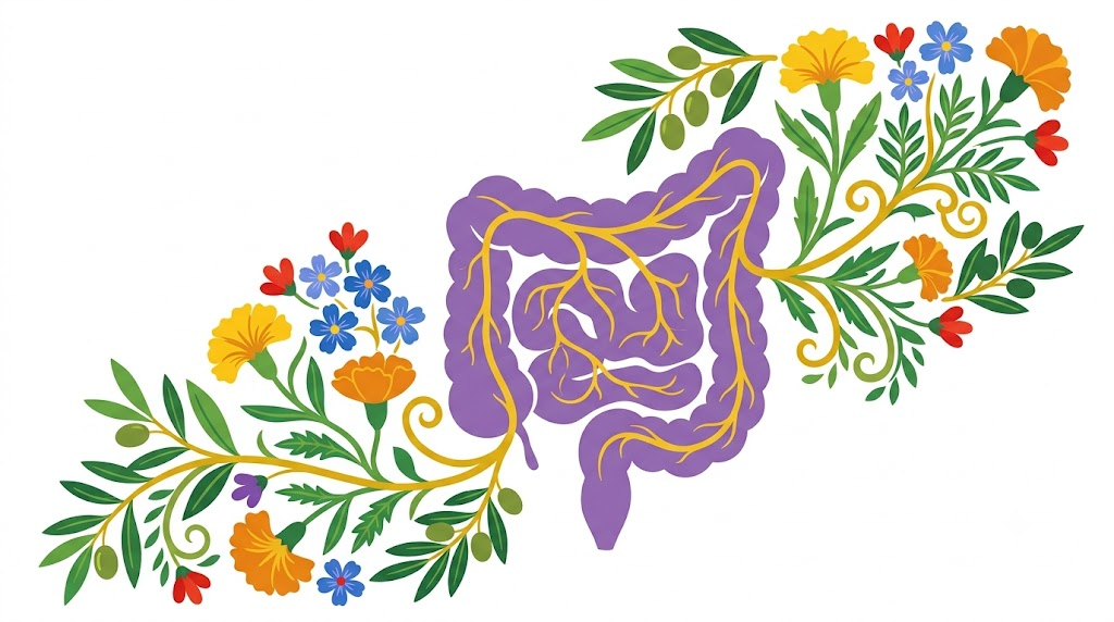 A flat folk-art vector illustration of a human large intestine between mirrored sprays of marigolds and olive sprigs.