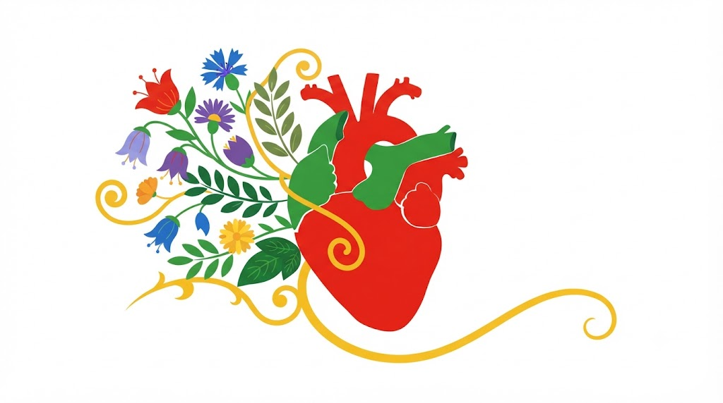 A flat vector folk-art illustration of a human heart with stylised flowers and leaves on a white background.