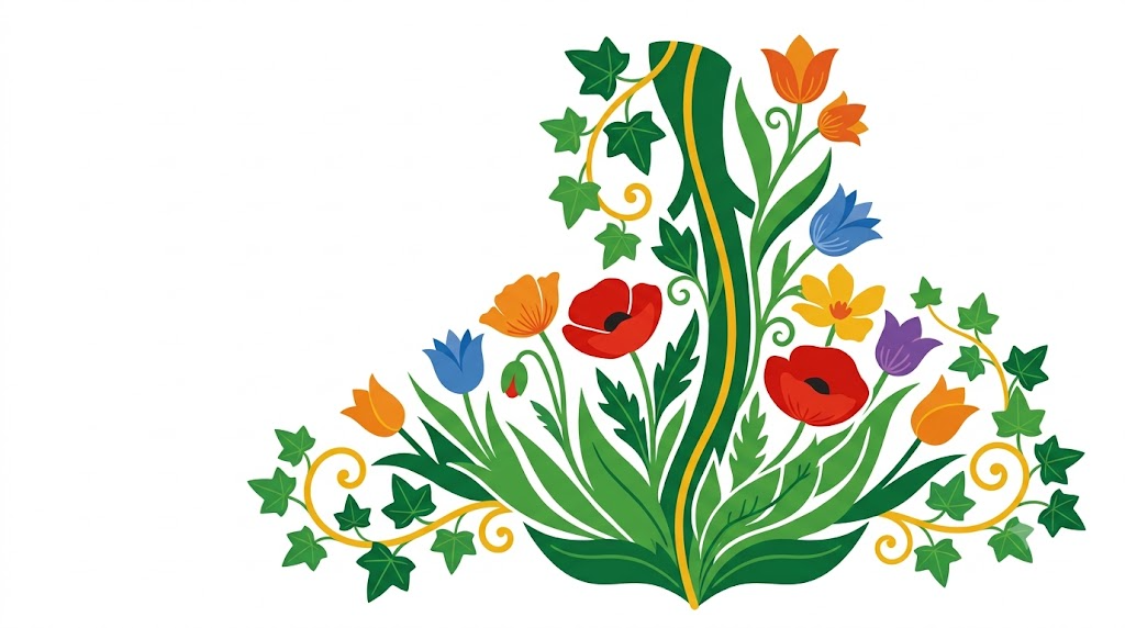A flat vector folk-art illustration of the vagus nerve descending through the neck, framed by stylised leaves and flowers.