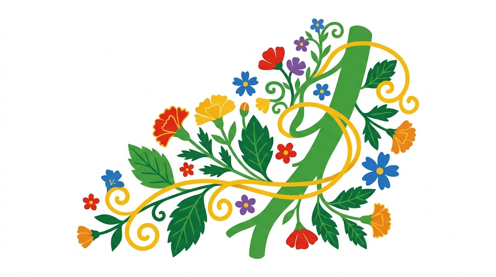 A flat folk-art vector illustration of the vagus nerve with a spray of marigolds, blossoms and broad leaves to one side.