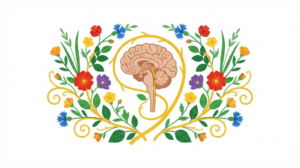 Flat vector illustration of a brainstem with the vagus nerve branching down from it, set between mirrored sprays of wild roses and buttercups.