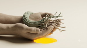 A sculpted matte clay frayed nerve cord, marked by one bright golden light element.