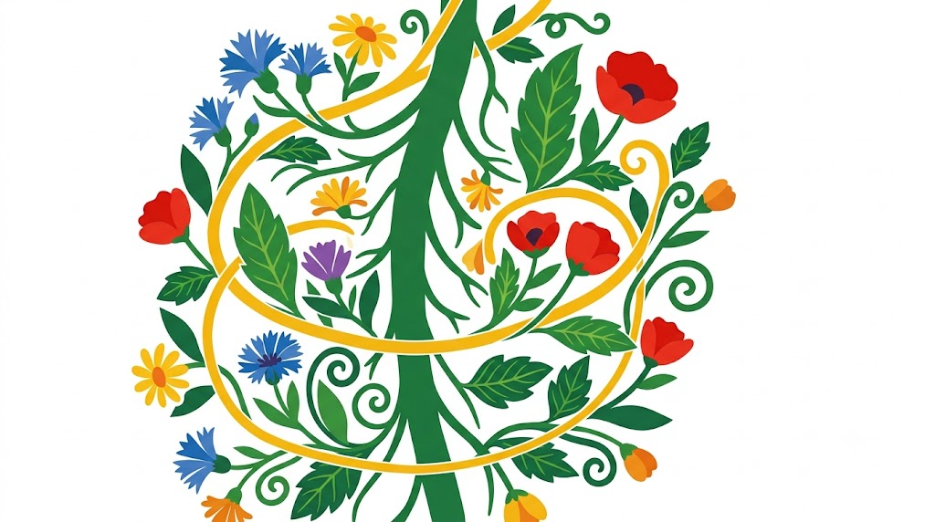 A flat vector illustration of a human vagus nerve with folk-art vines winding around it on white.