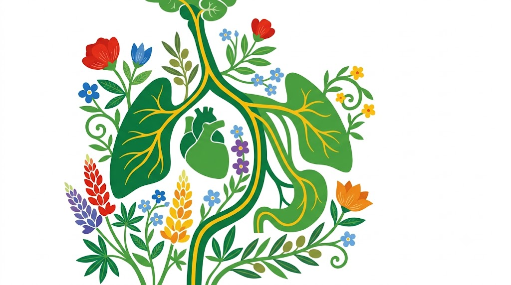 A flat folk-art vector illustration of a human vagus nerve among stylised flowers and curling vines on a white background.