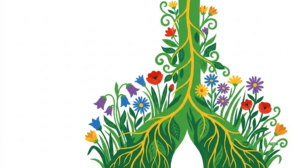 A flat folk-art vector illustration of the human vagus nerve framed by stylised flowers and curling vines on white.
