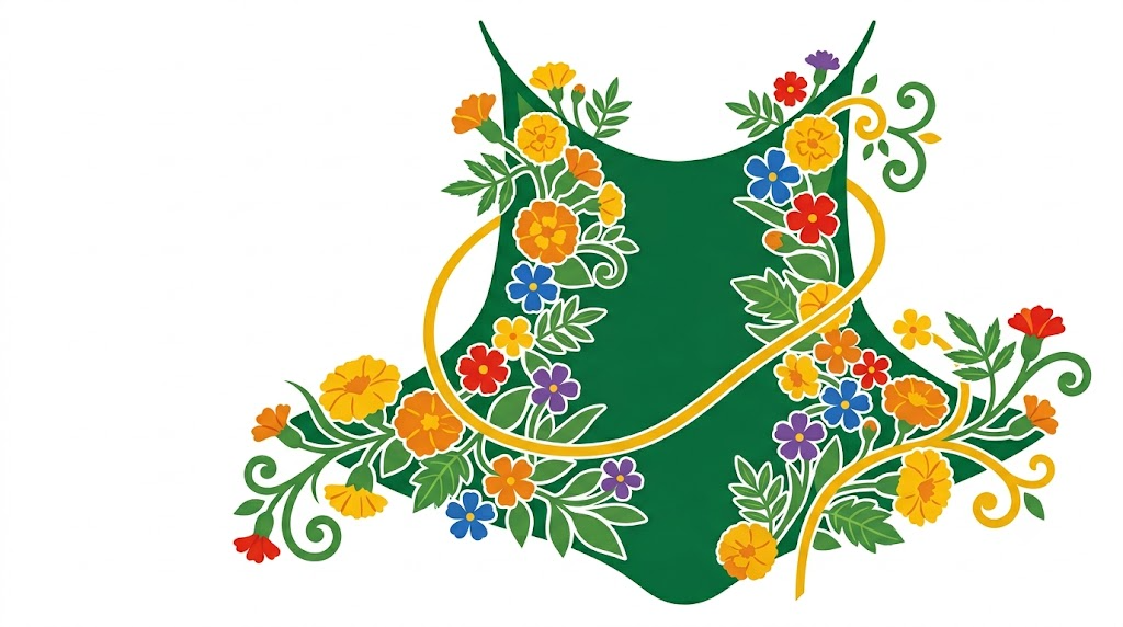 A flat vector illustration of a human neck with folk-art marigolds tucked along its outline on white.