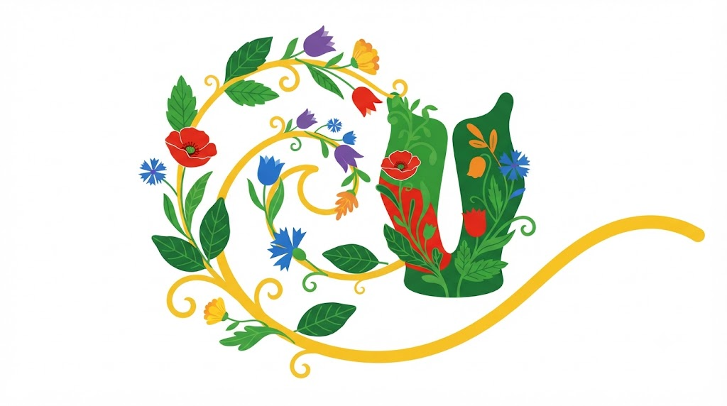 Flat vector illustration of a pair of human vocal cords with vines, stylised poppies and tulips winding loosely around them.