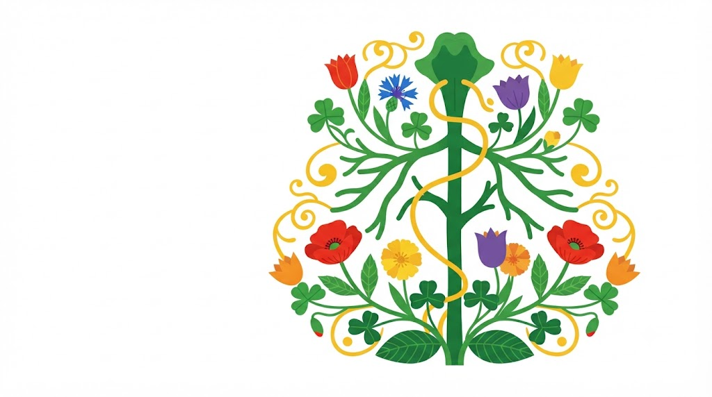 Flat vector illustration of a human vagus nerve with stylised poppies, tulips and clover leaves climbing up around it.