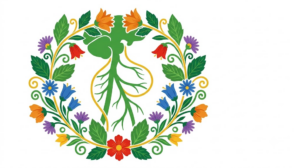 A flat folk-art vector illustration of the vagus nerve encircled by a wreath of bellflowers, asters and broad leaves on a white background.