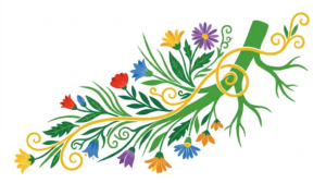 A flat folk-art illustration of a vagus nerve with its branching fibres, with a diagonal spray of bellflowers, asters and slender grasses.