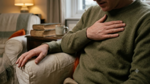 A hand resting flat on an upper chest while humming, in a deep armchair under lamplight.