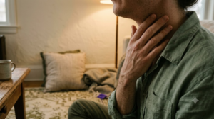 A person humming with lips closed and one hand at the base of their throat, sitting on a worn rug in warm lamplight.