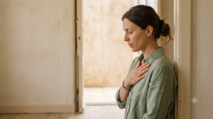 A photograph of a person humming with one hand resting flat on their chest, face out of frame, in soft natural light.