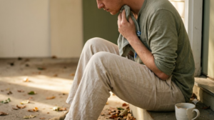 Seated on a low step among fallen leaves, a person presses a cold cloth to the side of their throat.