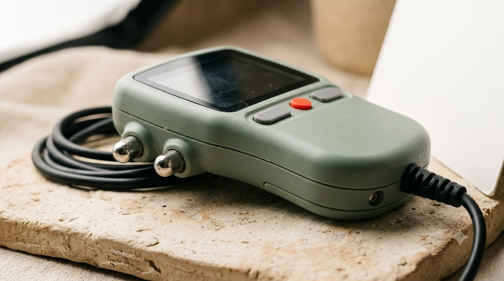 An unbranded sage handheld nerve stimulator with two polished metal contact tips and a coiled cable on a clay tile.
