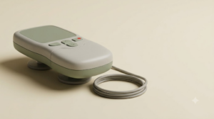 A small unbranded handheld nerve stimulator with two flat contact discs on a matte cream surface.