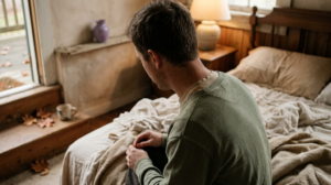 A person sitting on the edge of a bed taking a slow breath with both hands loose in their lap, in a warm, lived-in room.