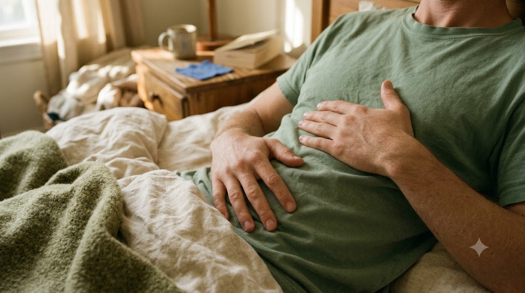 Torso and hands only, a person rests both hands on their lower ribs and breathes slowly on a rumpled bed in morning light.