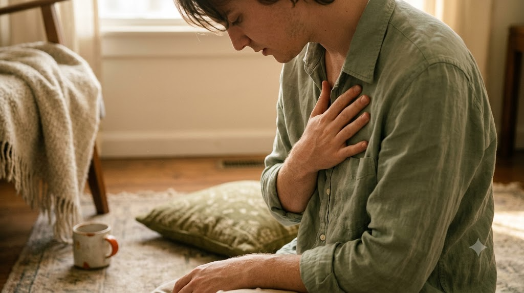 A person seated on a worn rug hums with one hand flat on their chest in warm late afternoon light.