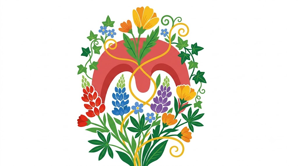 A flat folk-art vector illustration of a human soft palate and uvula with stylised flowers climbing around it on white.