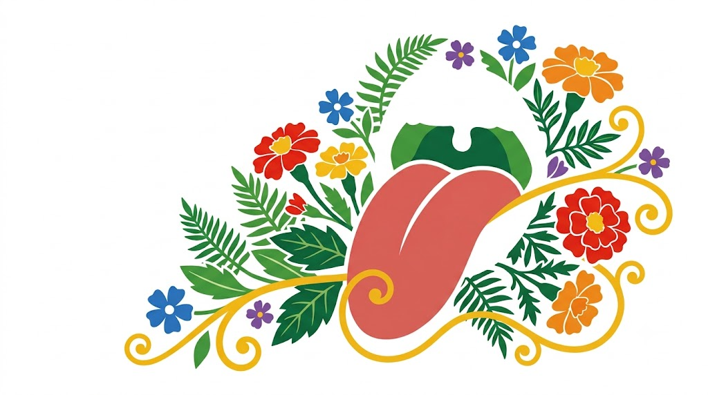 A flat folk-art vector illustration of a tongue and soft palate surrounded by stylised marigolds, ferns and golden vine scrollwork on a white background.