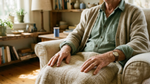 Torso and open hands of a person breathing out slowly in a deep armchair, lit by low early morning sun.