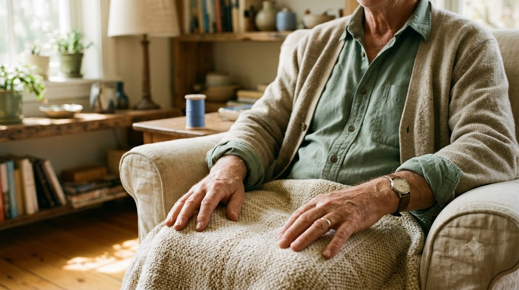 Torso and open hands of a person breathing out slowly in a deep armchair, lit by low early morning sun.