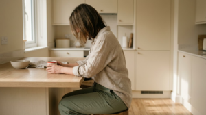 A person sitting still and breathing out slowly with lowered shoulders, photographed in soft natural light.