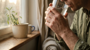 Close view of hands cupping a glass of cool water beside a sunlit windowsill.
