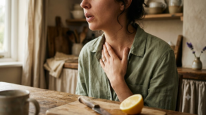 A close, warm photograph cropped at the chin of a person breathing out slowly with one hand resting at the base of their throat at a wooden counter.