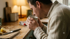 Seen over the shoulder at a wooden counter, a person cups a warm mug in both hands in soft lamplight.
