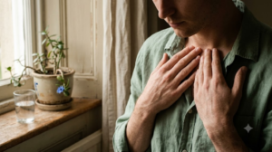 Hands resting flat on a collarbone while breathing out, beside a sunlit windowsill with a plant.