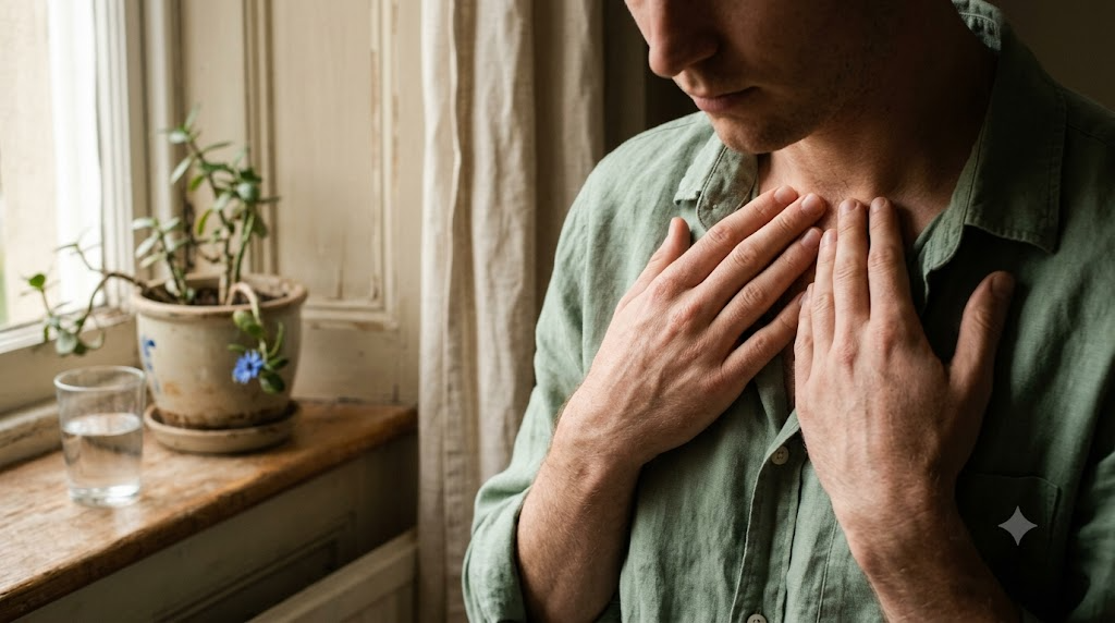 Hands resting flat on a collarbone while breathing out, beside a sunlit windowsill with a plant.