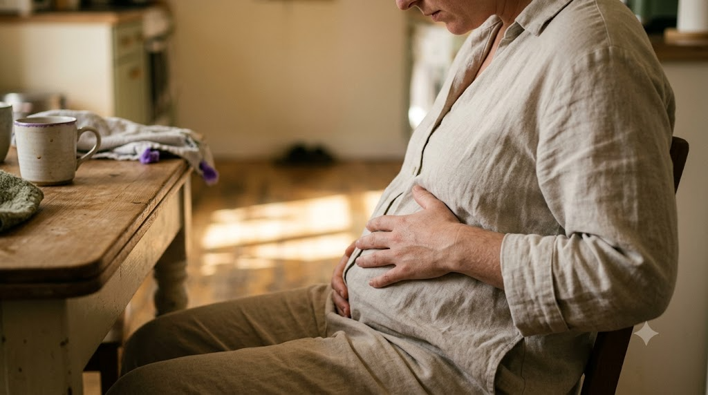 A person seated at a kitchen table with head lowered, one hand flat on their belly, breathing out.