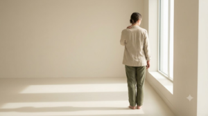 A photograph of a person resting one hand over their collarbone while breathing out slowly, face out of frame.