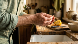 A close, warm photograph of a person cupping cold water in their hands to splash over their face, no face in frame.