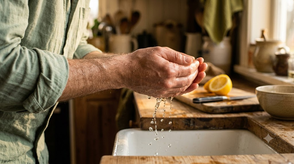 A close, warm photograph of a person cupping cold water in their hands to splash over their face, no face in frame.