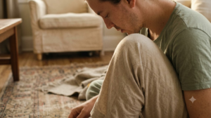 Seated in profile on a worn rug, a person breathes out slowly with eyes closed in warm raking light.