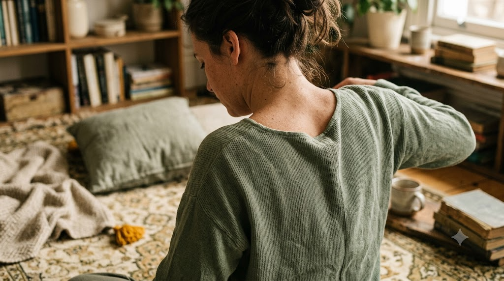 An over the shoulder view of a person on a worn rug rolling their shoulders back and letting them settle in low morning sun.