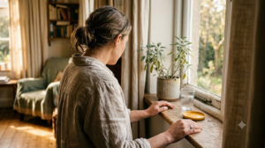 Seen from behind at a windowsill, a person exhales slowly with shoulders dropping beside a leggy plant in morning light.