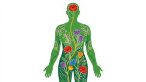 Flat vector folk-art illustration of a full human figure with the vagus nerve running from head to abdomen, the silhouette filled with a stylised flower garden on a white background.