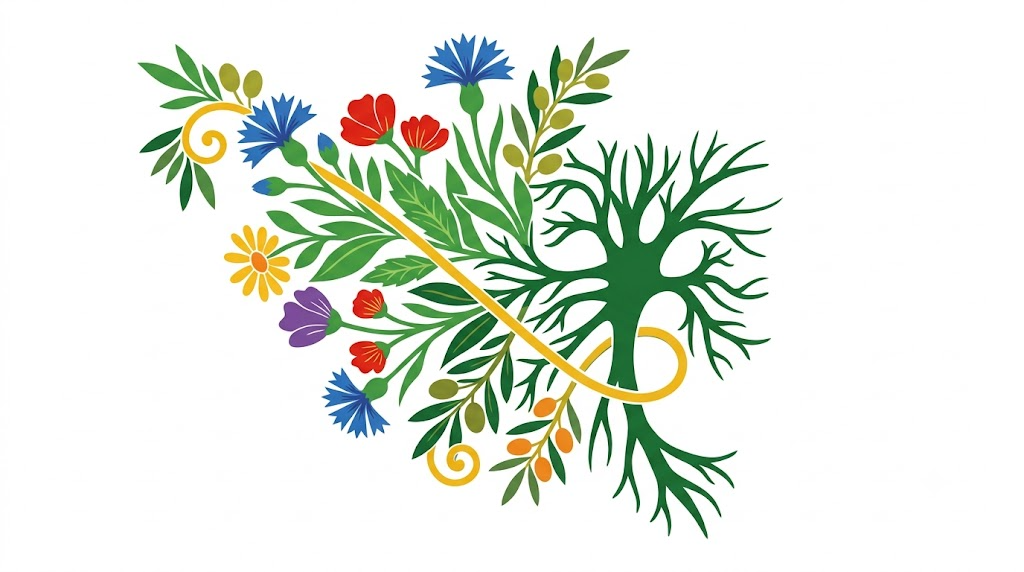 A flat folk-art vector illustration of the human vagus nerve framed by stylised flowers and curling vines on white.